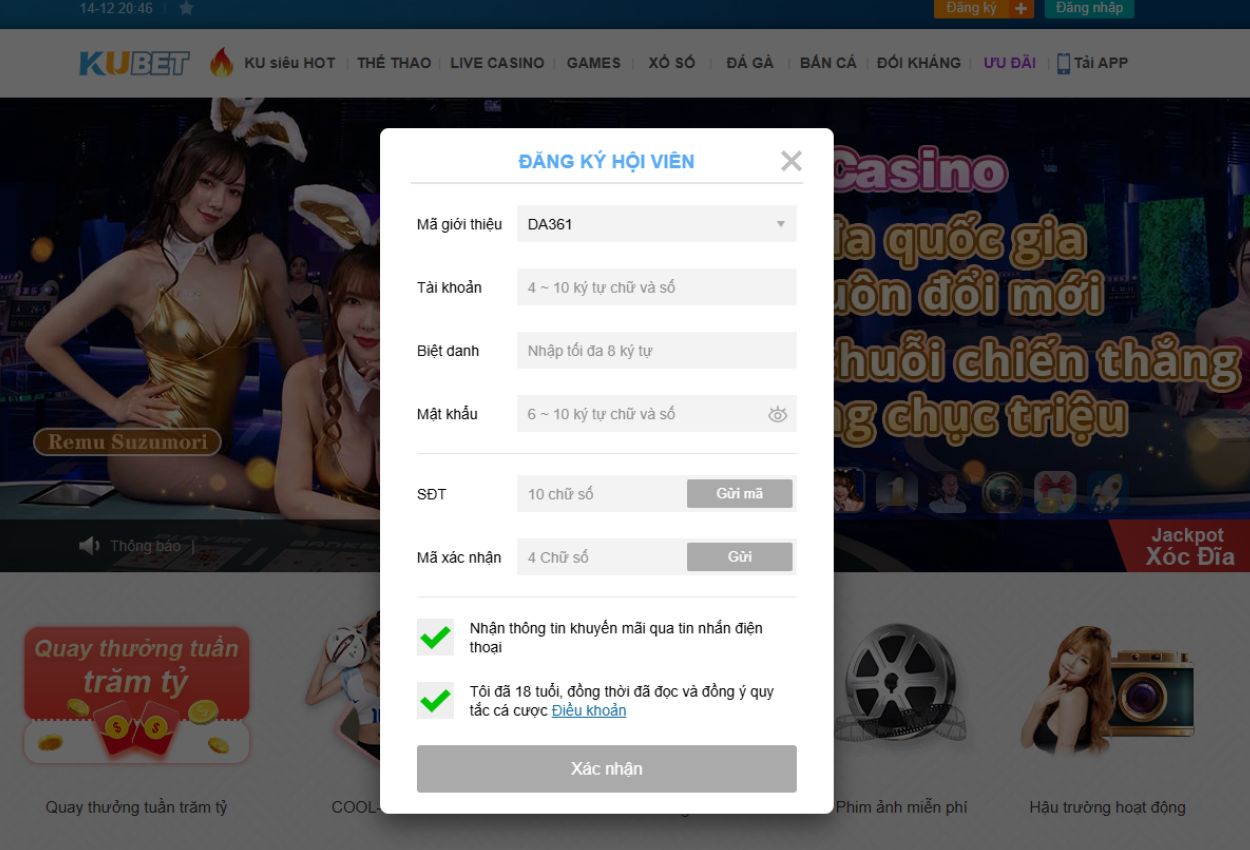 6 Nhập đầy đủ thông tin theo yêu cầu và sử dụng mã xác minh 361 để nhận 2.000.000 VND ưu đãi trong toàn bộ casino trong tháng đầu tiên. Áp dụng trên website chính thức của Kubet được chứng nhận bởi PAGCOR tại Việt Nam